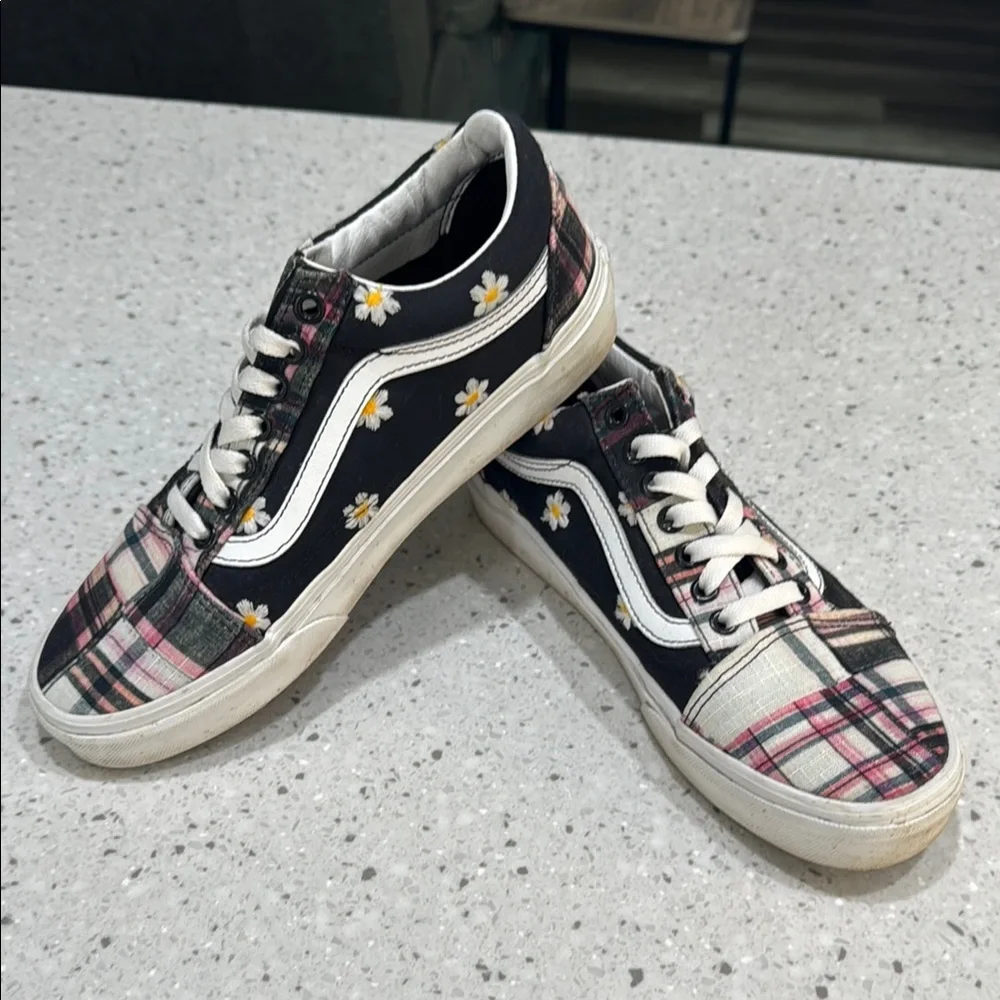 Vans Black and Plaid Sneakers with Floral Accents - Picture 1 of 7